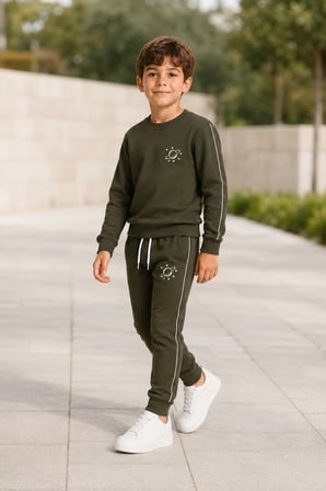 Erkek Çocuk Haki Gezegen Baskılı Beyaz Biyeli Sweatshirt Jogger Eşofman Takımı
