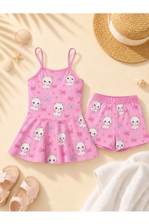 Kız Çocuk Pembe Kedi Desenli Askılı Etek Görünümlü Şortlu İkili Takım