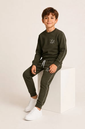 Erkek Çocuk Haki Gezegen Baskılı Beyaz Biyeli Sweatshirt Jogger Eşofman Takımı