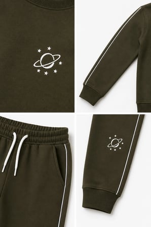 Erkek Çocuk Haki Gezegen Baskılı Beyaz Biyeli Sweatshirt Jogger Eşofman Takımı