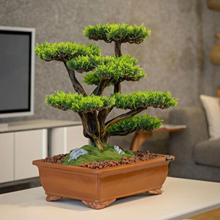 Atlas Bonsai-1 Masaüstü Kullanıma Uygun Doğal Ağaç Gövdeli Yapay Bonsai Ağacı - 50x60 Cm