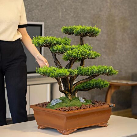 Atlas Bonsai-1 Masaüstü Kullanıma Uygun Doğal Ağaç Gövdeli Yapay Bonsai Ağacı - 50x60 Cm