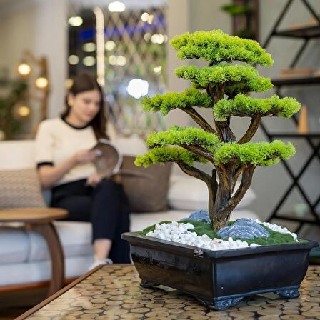 Atlas Bonsai-6 Masaüstü Kullanıma Uygun Doğal Ağaç Gövdeli Yapay Bonsai Ağacı - 50x60 Cm