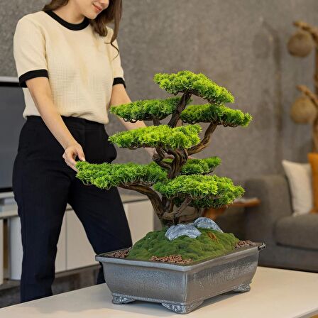 Atlas Bonsai-7 Masaüstü Kullanıma Uygun Doğal Ağaç Gövdeli Yapay Bonsai Ağacı - 50x60 Cm