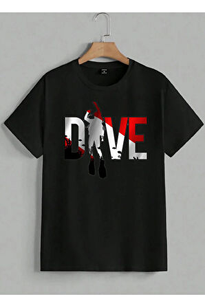 Baskılı Erkek Kadın Unisex Bisiklet Yaka Baskılı T-shirt Siyah tshirt tişört Diving Balıkadam Dalgıç