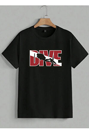 Baskılı Erkek Kadın Unisex Bisiklet Yaka Baskılı T-shirt Siyah tshirt tişört Diving Balıkadam Dalgıç