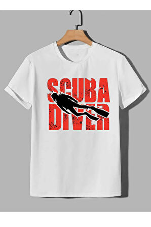 Baskılı Erkek Kadın Unisex Bisiklet Yaka Balıkadam Baskılı T-shirt Siyah tshirt tişört Diving Dalgıç
