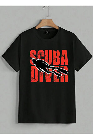 Baskılı Erkek Kadın Unisex Bisiklet Yaka Balıkadam Baskılı T-shirt Siyah tshirt tişört Diving Dalgıç