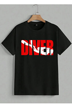 Baskılı Erkek Kadın Unisex Bisiklet Yaka Dalgıç Baskılı T-shirt Siyah tshirt tişört Diving Balıkadam
