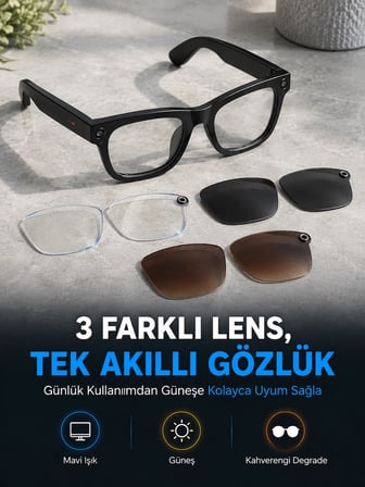 Siyah Akıllı Kamera Gözlüğü Fotoğraf Video Çekimli Bluetooth Aramalı AI Destekli 3 Değiştirilebilir Lensli