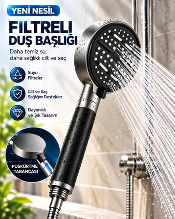 Modern Tasarımlı 6 Modlu Filtreli Duş Başlığı Büyük Panel Metalik Siyah Duş Atı