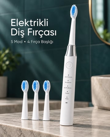 Değiştirilebilir Başlıklı Beyaz Elektrikli Diş Fırçası 5 Mod ve 3 Yedek Başlık