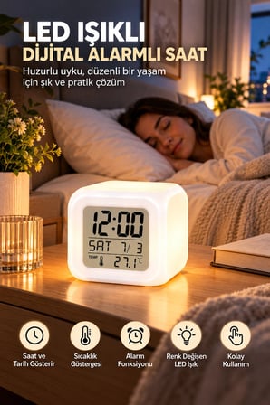 Dijital Ekranlı Küp Saat LED Işıklı Alarm ve Sıcaklık Göstergeli