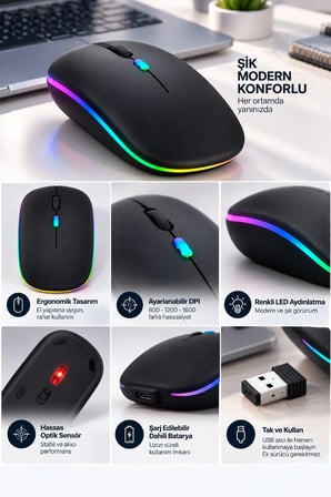 İnce Ergonomik Tasarım 2.4g Kablosuz Led Mouse