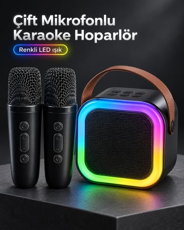 Taşıma Askılı Siyah LED Işıklı Bluetooth Hoparlör Çift Mikrofonlu Karaoke Seti