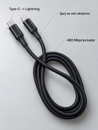 Type C Lightning Örgülü Şarj ve Veri Kablosu 2 Metre