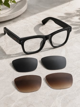 Siyah Bluetooth Akıllı Kamera Gözlüğü Fotoğraf Video Ses Kayıtlı AI Sesli Asistanlı Manyetik Şarjlı 3 Lensli