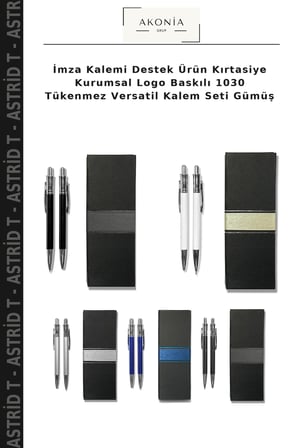 İmza Kalemi Destek Ürün Kırtasiye Kurumsal Logo Baskılı 1030 Tükenmez Versatil Kalem Seti Gümüş