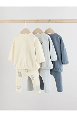 Pamuklu Mavi Baskılı Uzun Kollu 3'lü Alt Üst Takım