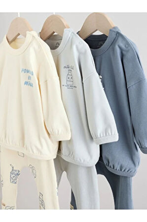 Pamuklu Mavi Baskılı Uzun Kollu 3'lü Alt Üst Takım