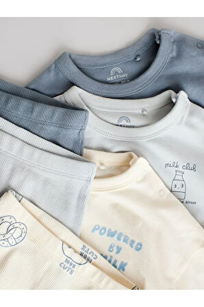 Pamuklu Mavi Baskılı Uzun Kollu 3'lü Alt Üst Takım