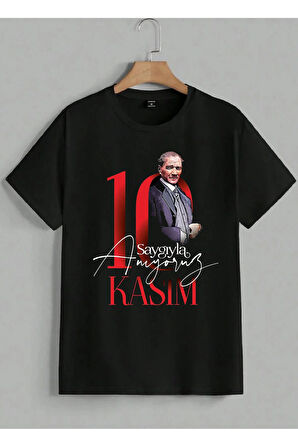 Baskılı Atatürk Kadın Erkek Unisex Bisiklet Yaka Baskılı T-shirt Siyah Beyaz Gri tshirt tişört