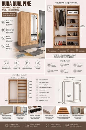 Tumblera Mobilya Aura Dual Pine Portmanto Aynalı Sürgü Kapaklı Atlantik Çam 120 cm Genişlik 185 cm Yükseklik 48 cm Derinlik
