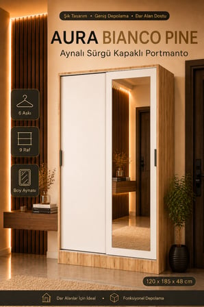 TUMBLERA Aura Bianco Pine Aynalı Sürgü Kapaklı Portmanto & Vestiyer Ayakkabılık Dolabı