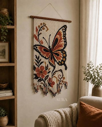 Kelebek Desenli Ahşap Boncuklu Duvar Süsü
