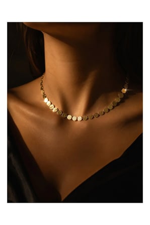 Hasır Dokulu Yuvarlak Pul Plakalı Choker 14 K Altın Kaplama Çelik Kolye