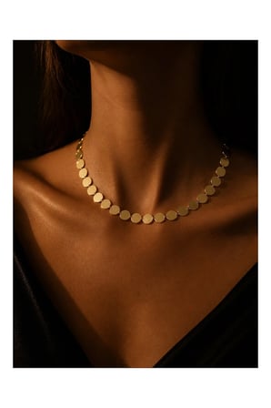 Hasır Dokulu Yuvarlak Pul Plakalı Choker 14 K Altın Kaplama Çelik Kolye