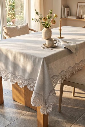 Fransız Dantelli Güpürlü Keten Masa Örtüsü 12 Kişilik Lüks Salon Sofra Örtüsü Küllü Gri 250x200