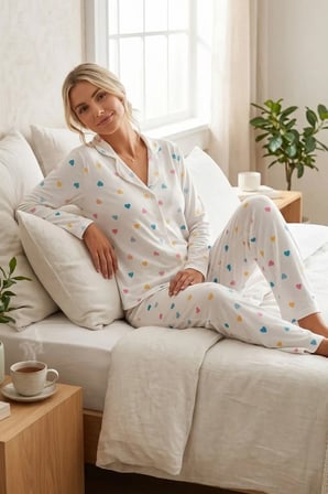Renkli Kalp Desenli Milano Örme Önden Düğmeli Gömlek Yaka Uzun Kollu Pijama Takımı