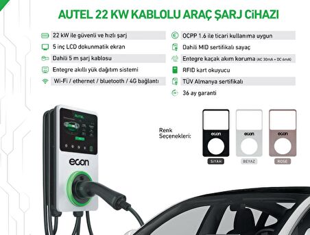 AUTEL 22 kW Kablolu Araç Şarj İstasyonu