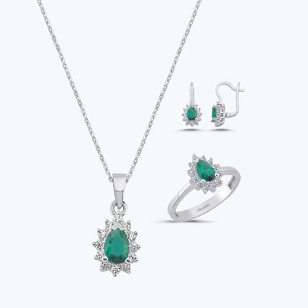 Yeşil Taşlı Altın Üçlü Damla Set
