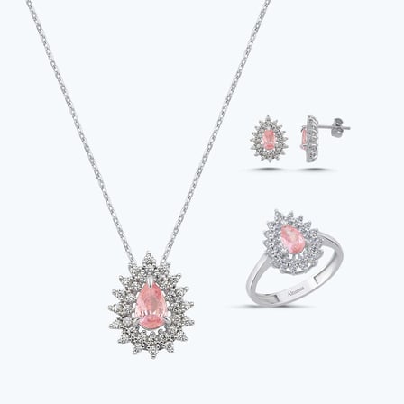 Pembe Taşlı Altın Üçlü Damla Set