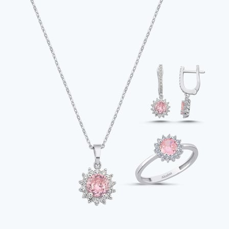 Pembe Taşlı Altın Üçlü Set