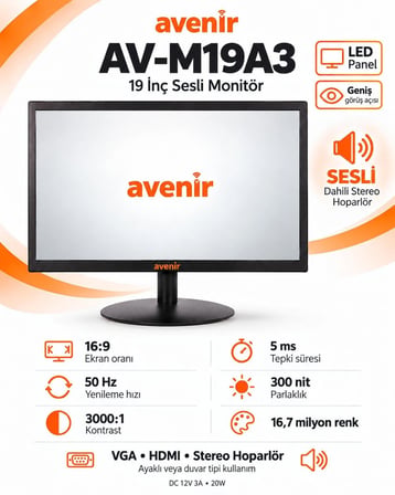 Avenir AV-M19A3 19 İnç LED Monitör – Dahili Stereo Hoparlör