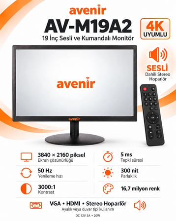 AV-M19A2 19 İnch Sesli Ve Kumandalı 5ms Monitör (4K Uyumlu)