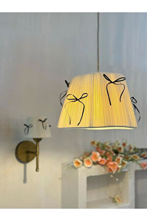 Krem Kadife Süet Siyah Fiyonk Kurdele Modern Sarkıt Avize