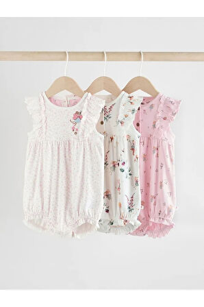 %100 Pamuklu Pembe Krem Çiçek Desenli 3'lü Romper Set
