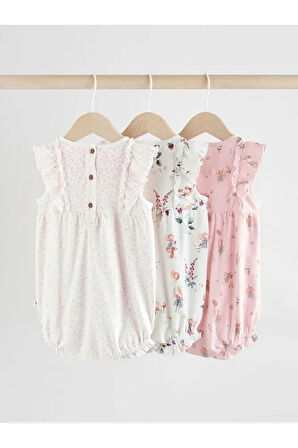 %100 Pamuklu Pembe Krem Çiçek Desenli 3'lü Romper Set