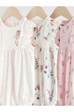 %100 Pamuklu Pembe Krem Çiçek Desenli 3'lü Romper Set