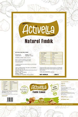 Activella Şekersiz Fındık Ezmesi 320gr %100 Fındıklı + Natürel İç Fındık 500gr