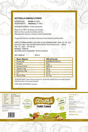 Activella Şekersiz Fındık Ezmesi 320gr %100 Fındıklı + Kabuklu Fındık 500gr