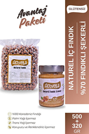 Activella Şekerli Fındık Ezmesi 320gr %70 Fındıklı + Natürel İç Fındık 500gr