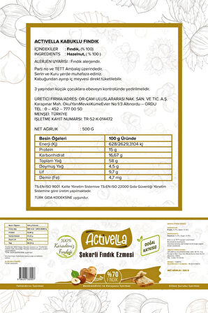 Activella Şekerli Fındık Ezmesi 320gr %70 Fındıklı + Kabuklu Fındık 500gr