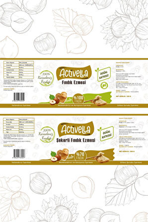 Activella Şekerli Fındık Ezmesi 320gr %70 Fındıklı + Şekersiz Fındık Ezmesi 320gr %100 Fındıklı