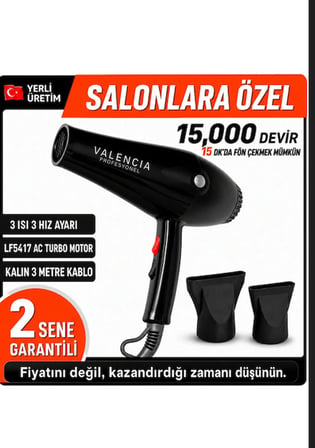 Aurora Profesyonel AC Motorlu Kuaför Tipi Fön Makinesi 2500W 2 Başlıklı Siyah