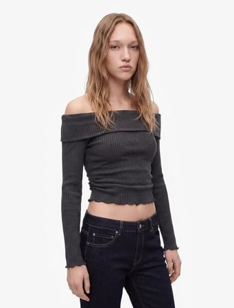 Omzu Açık Uzun Kollu Tişört 7WAL10136IK - KOTON - ANTRASİT - XL